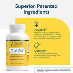 Researched Nutritionals ToxinPul ingredient-graphics highlight humic acid, fulvic acid, and chlorella.