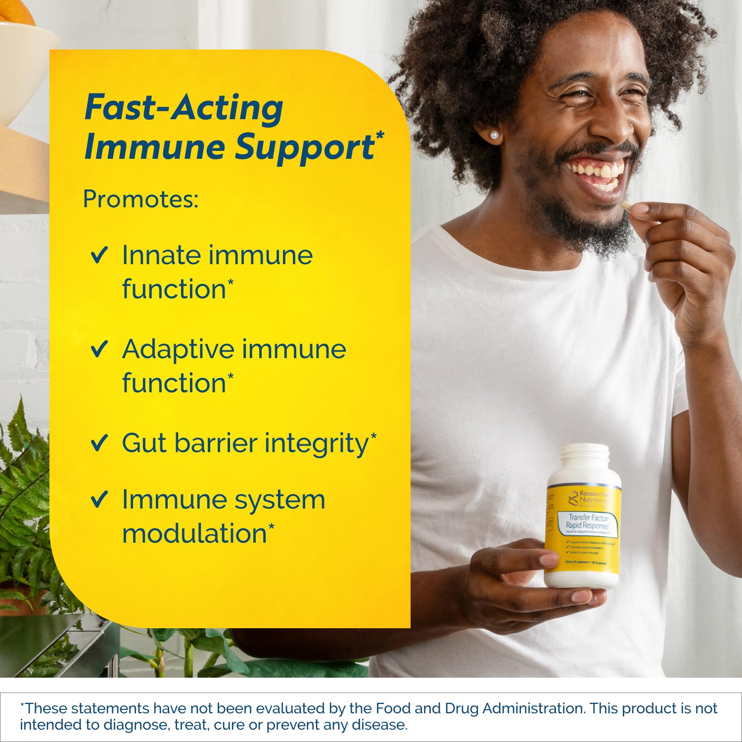 Close-up of Transfer Factor Rapid Response capsules suggesting fast-acting support