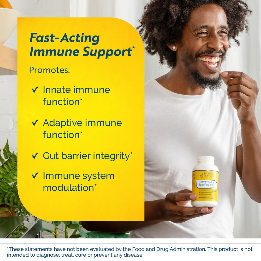 Close-up of Transfer Factor Rapid Response capsules suggesting fast-acting support