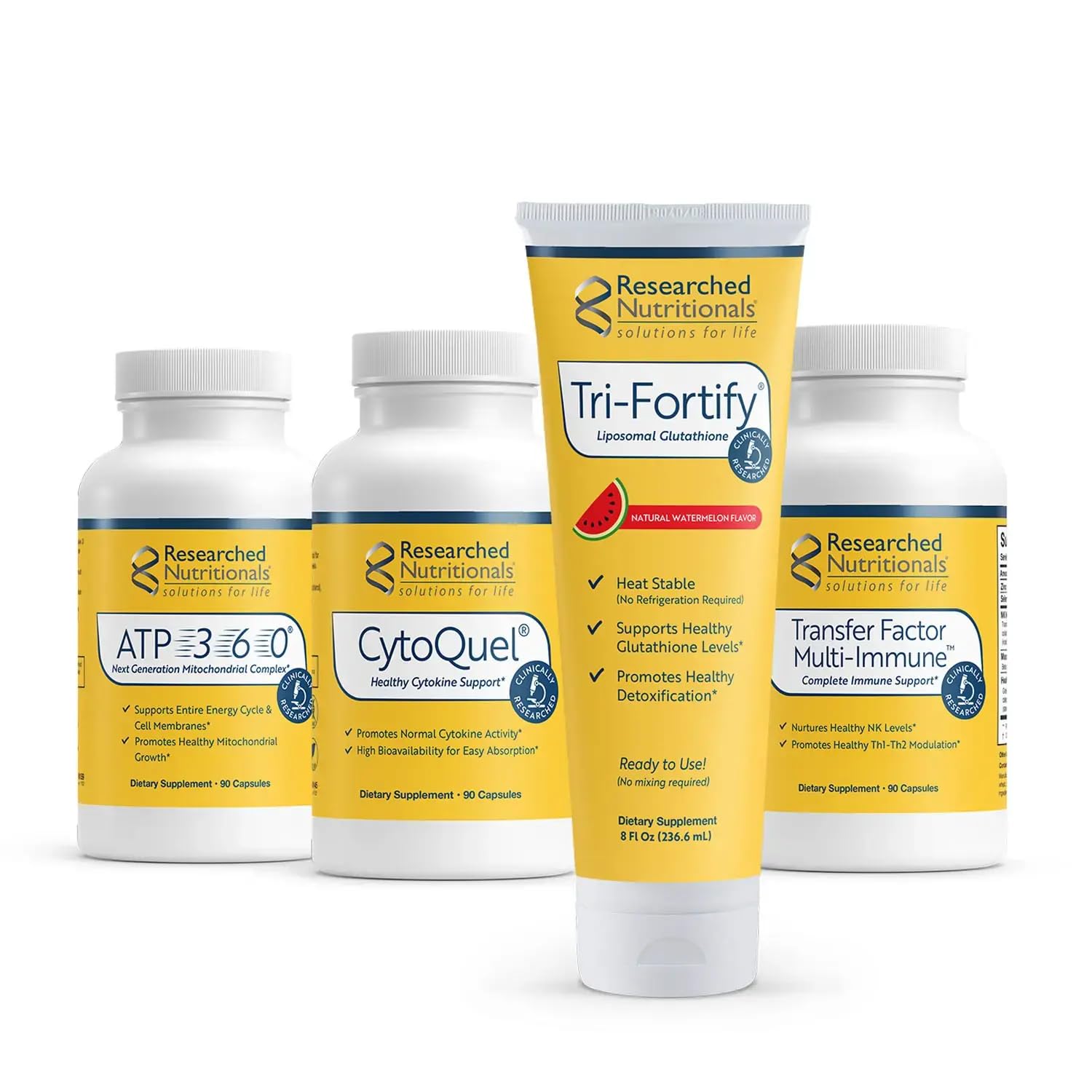Researched Nutritionals Tri-Fortify liposomal glutathione bottle pour highlighting absorption benefits