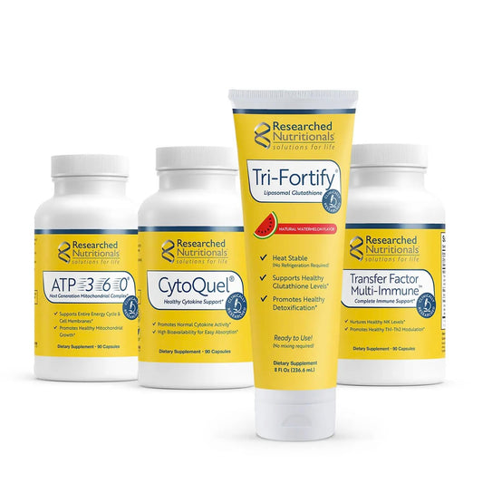Researched Nutritionals Tri-Fortify liposomal glutathione bottle pour highlighting absorption benefits