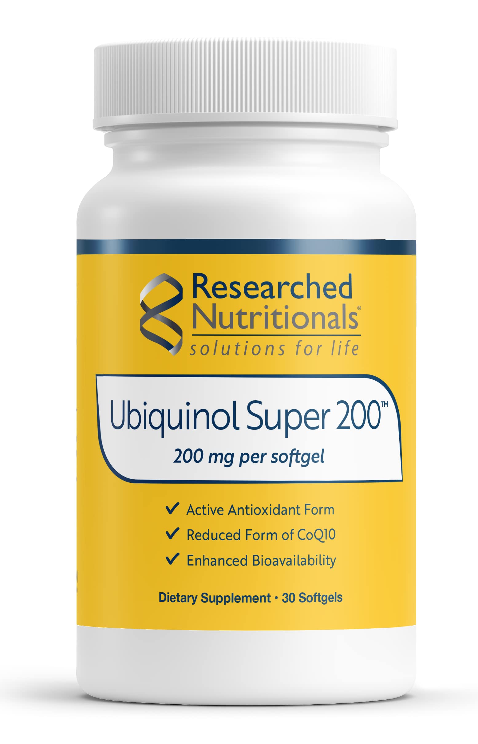 Researched Nutritionals Ubiquinol Super 200 bottle with antioxidant-friendly softgels.
