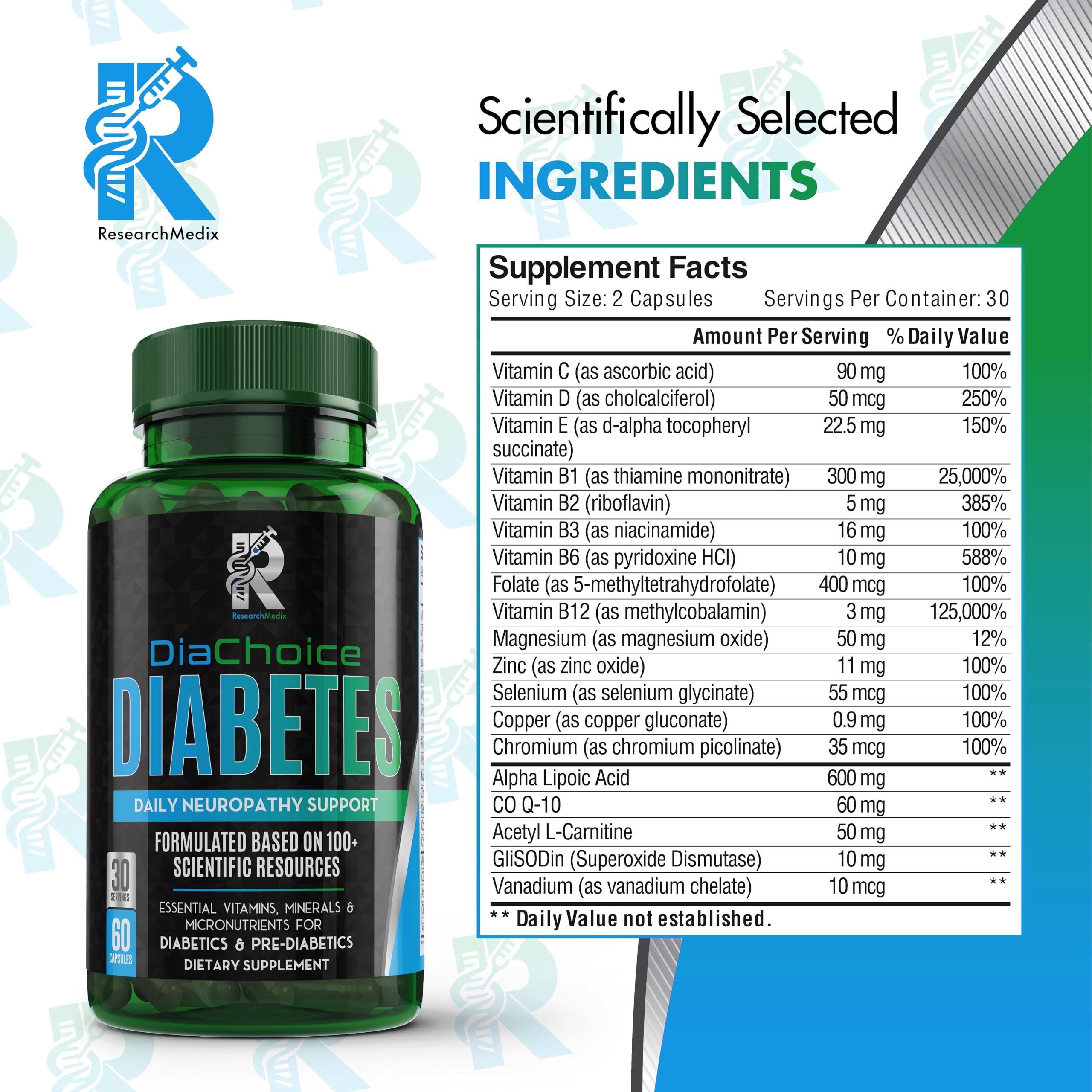 DiaChoice bottle label close-up highlighting ALA and vitamins for nerve health