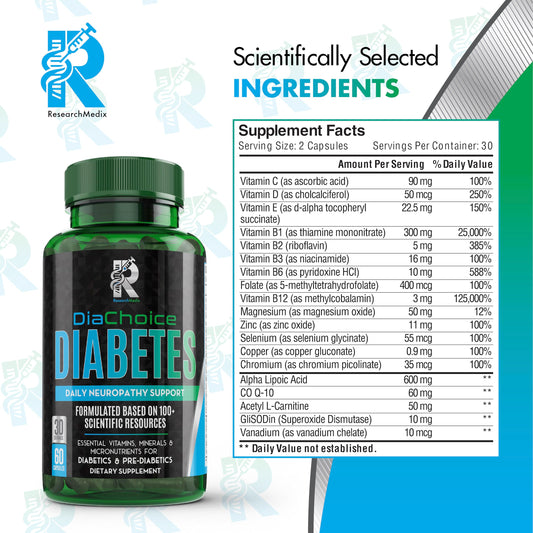 DiaChoice bottle label close-up highlighting ALA and vitamins for nerve health