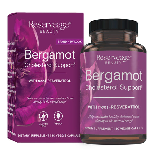 Reserveage Beauty bergamot bottle: antioxidant blend for daily lipid balance support.