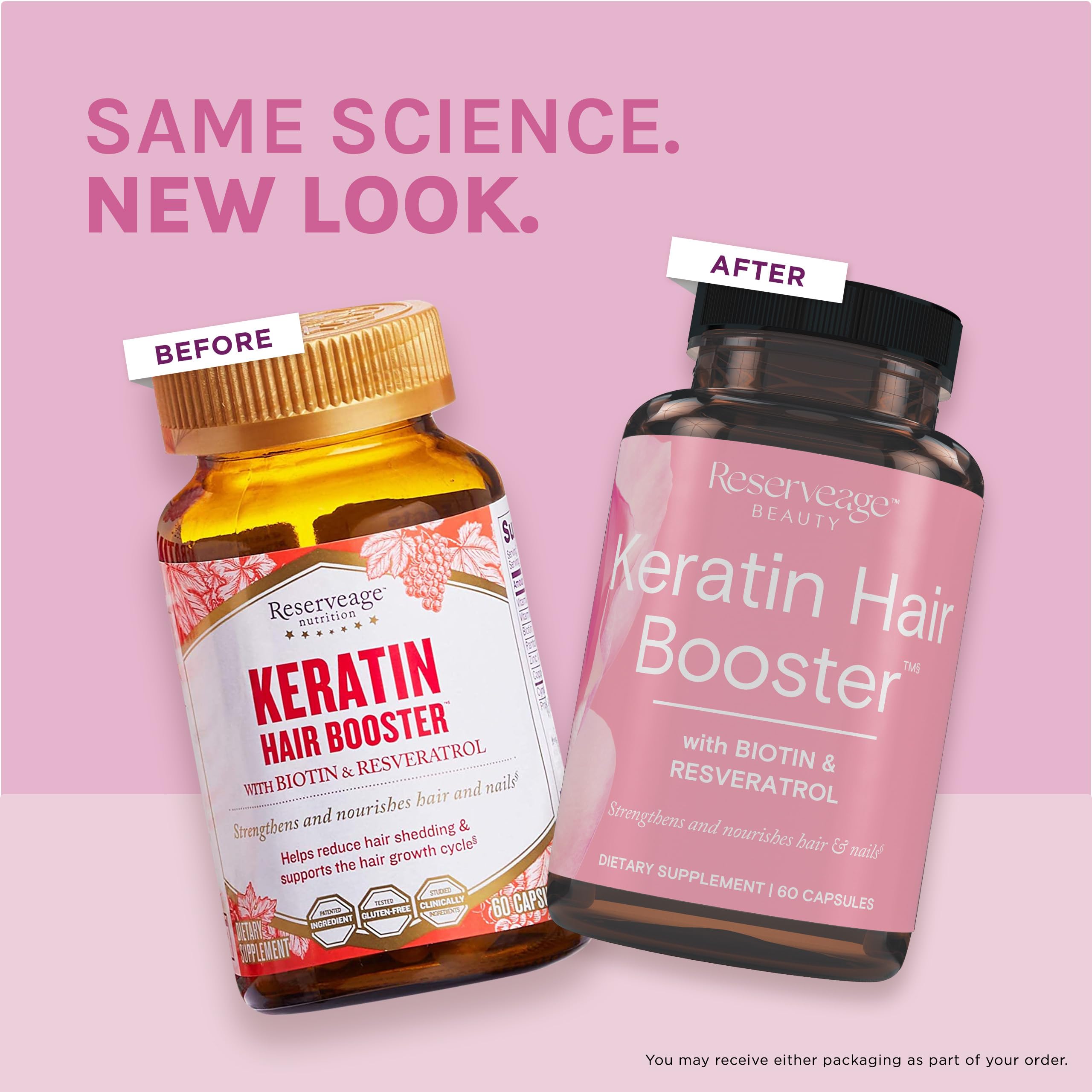 Two capsules representing the recommended daily dose of Reserveage Keratin Booster