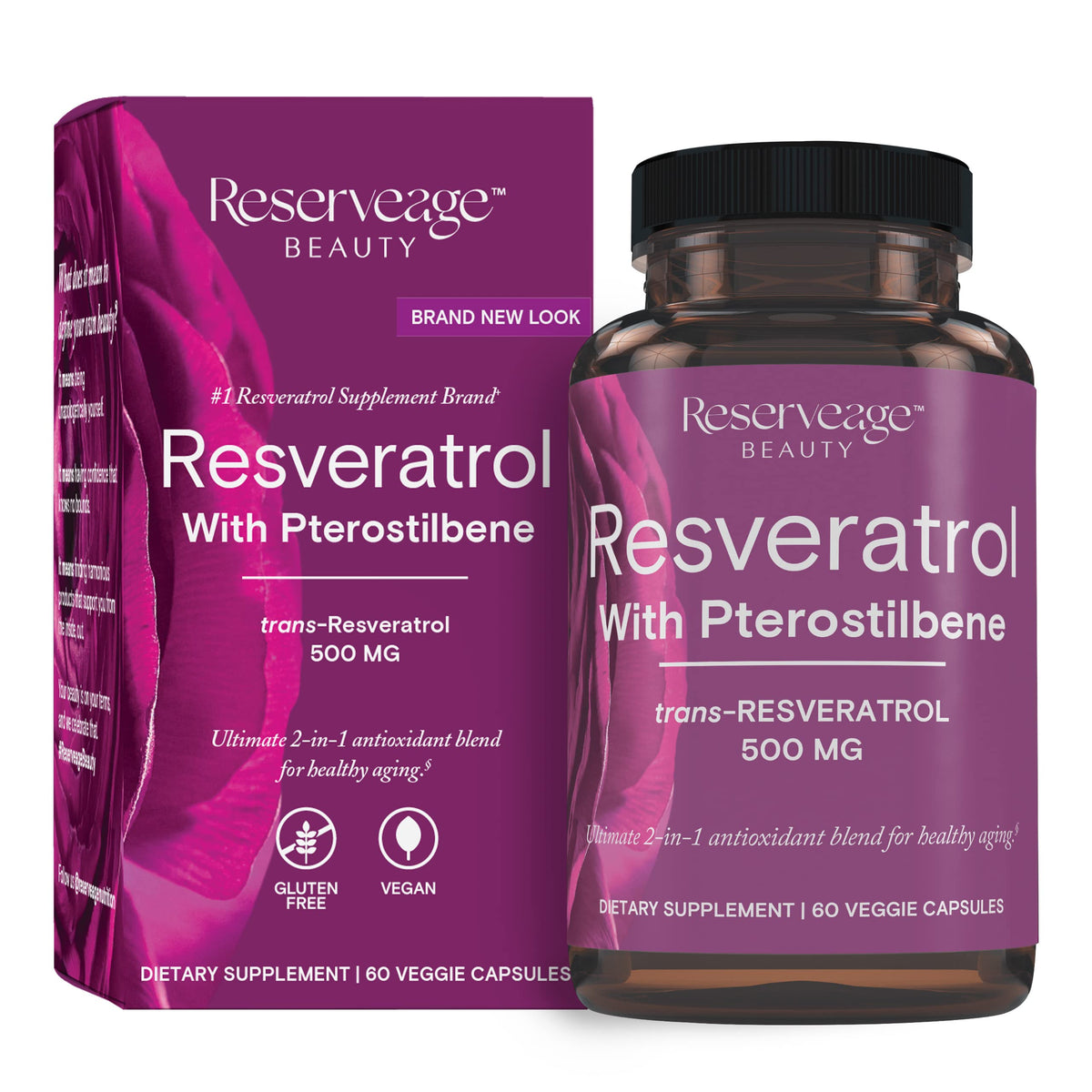 Reserveage Beauty resveratrol bottle front for daily antioxidant support.