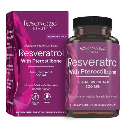 Reserveage Beauty resveratrol bottle front for daily antioxidant support.