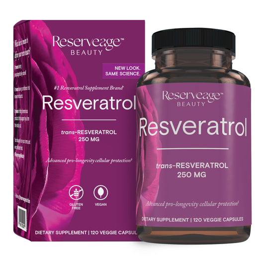 Reserveage Beauty Resveratrol bottle for daily vegan antioxidant support.