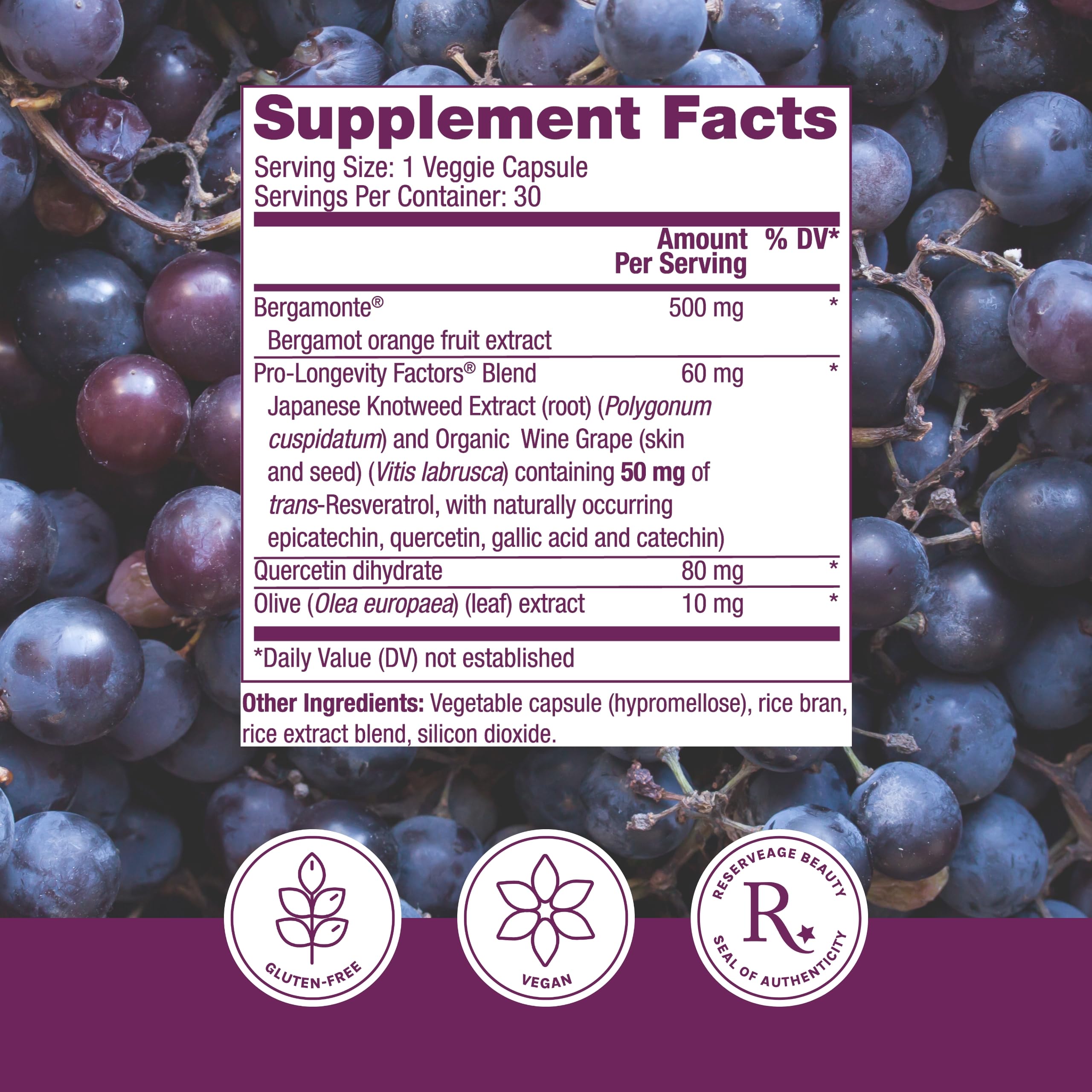Reserveage Beauty resveratrol capsules: convenient daily antioxidant support.