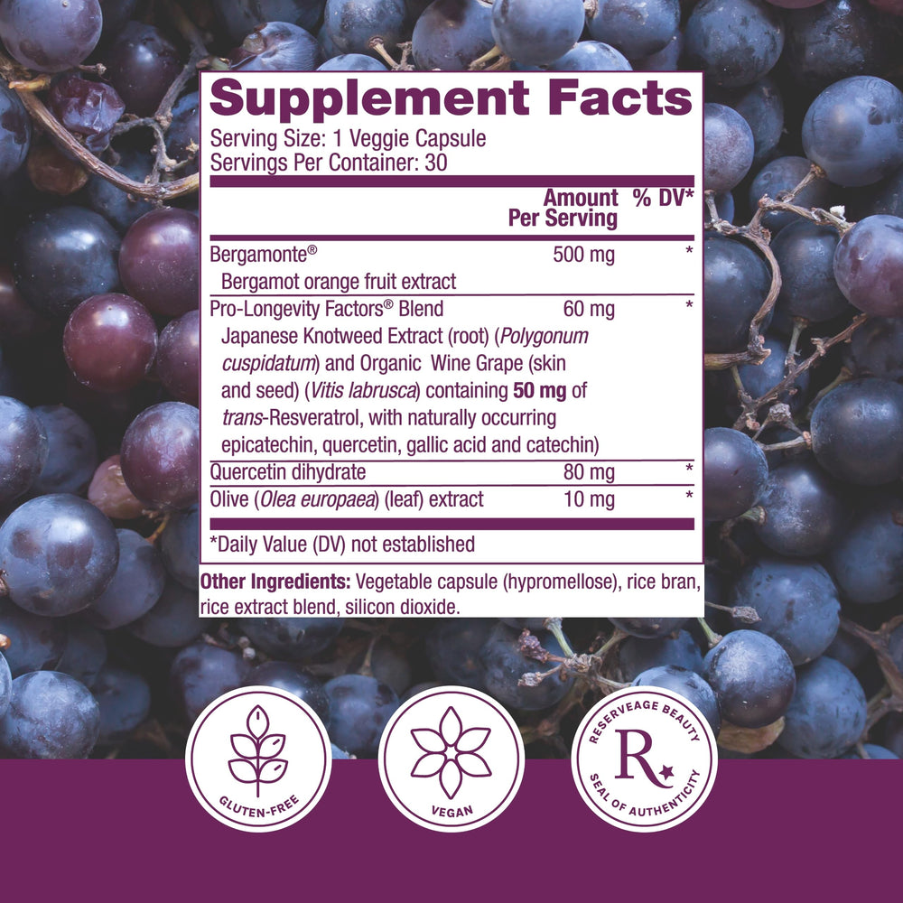 Reserveage Beauty resveratrol capsules: convenient daily antioxidant support.