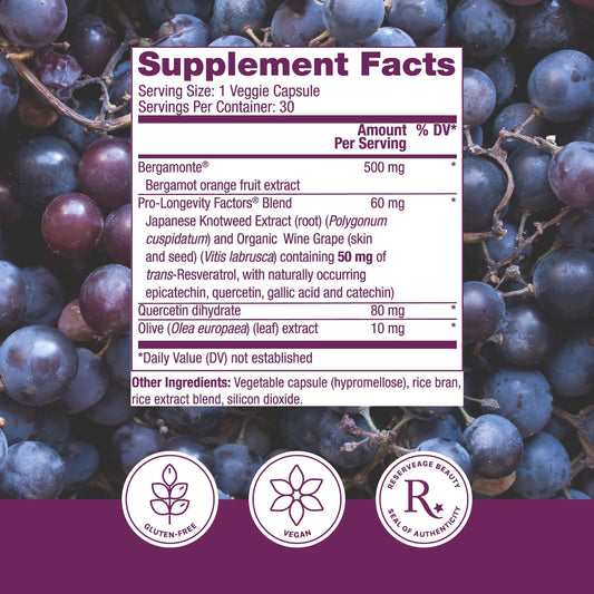 Reserveage Beauty resveratrol capsules: convenient daily antioxidant support.