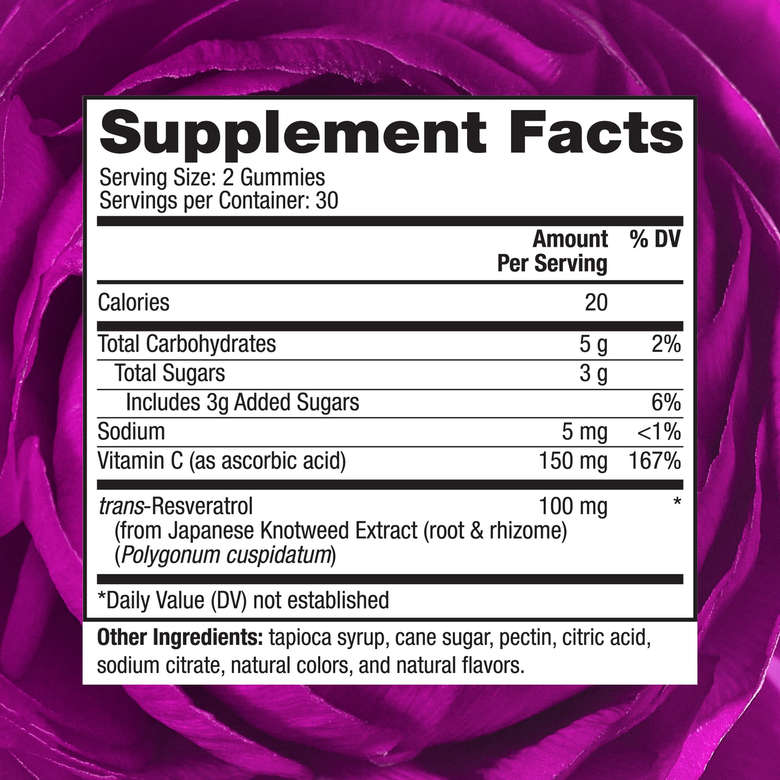 Reserveage Beauty resveratrol gummies closeup – rich antioxidant with 100 mg per serving.