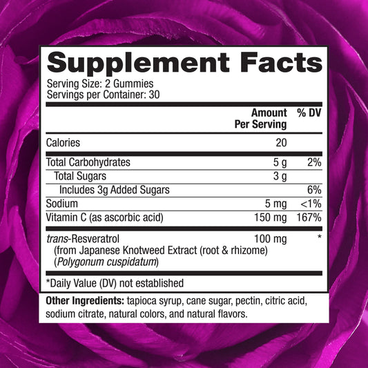 Reserveage Beauty resveratrol gummies closeup – rich antioxidant with 100 mg per serving.