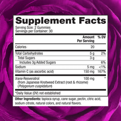 Reserveage Beauty resveratrol gummies closeup – rich antioxidant with 100 mg per serving.