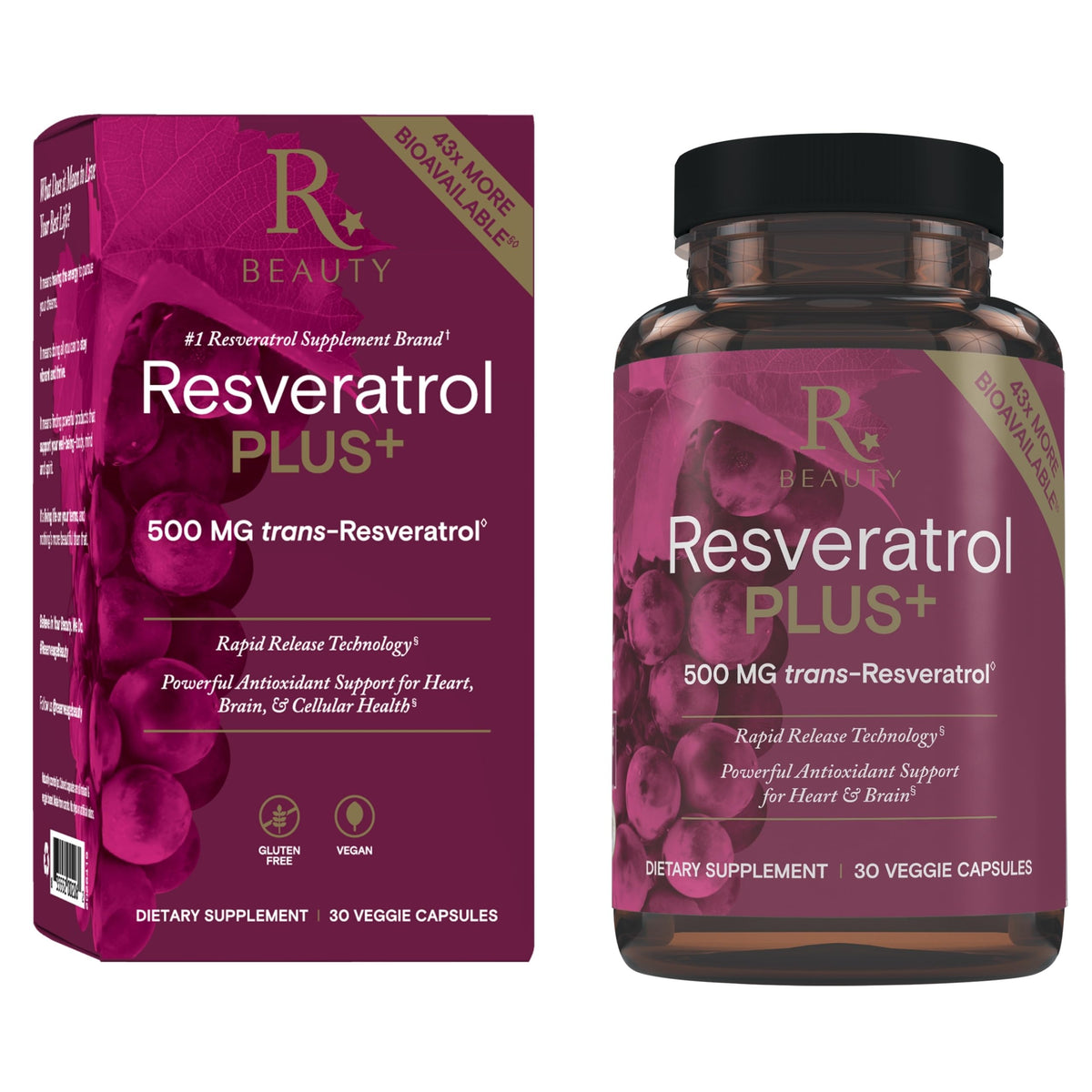 Reserveage Beauty Resveratrol Plus+ bottle front view highlighting vegan, gluten-free formula