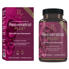 Reserveage Beauty Resveratrol Plus+ bottle front view highlighting vegan, gluten-free formula