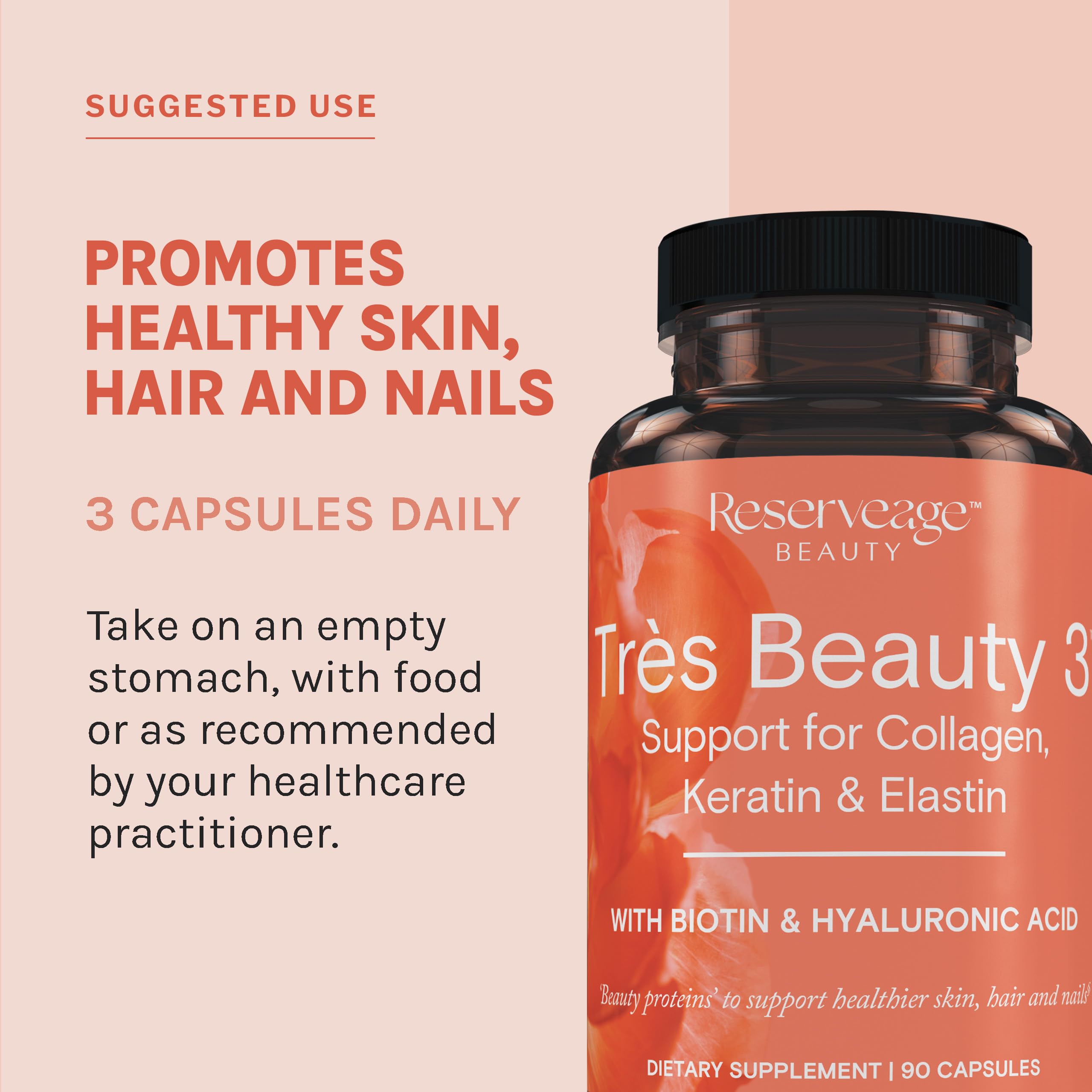Tres Beauty 3 indicates potential benefits for skin, hair and nails in a daily routine.