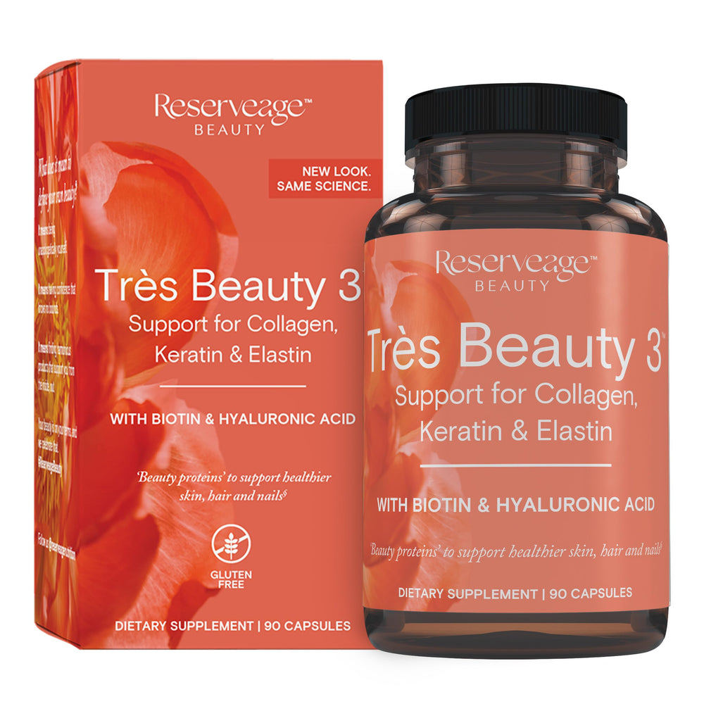 Reserveage Beauty Tres Beauty 3 bottle shows a collagen-keratin blend for healthier hair and nails.