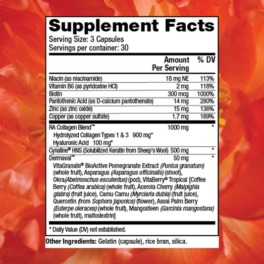 Close-up of Reserveage Beauty Tres Beauty 3 capsules for daily beauty support.
