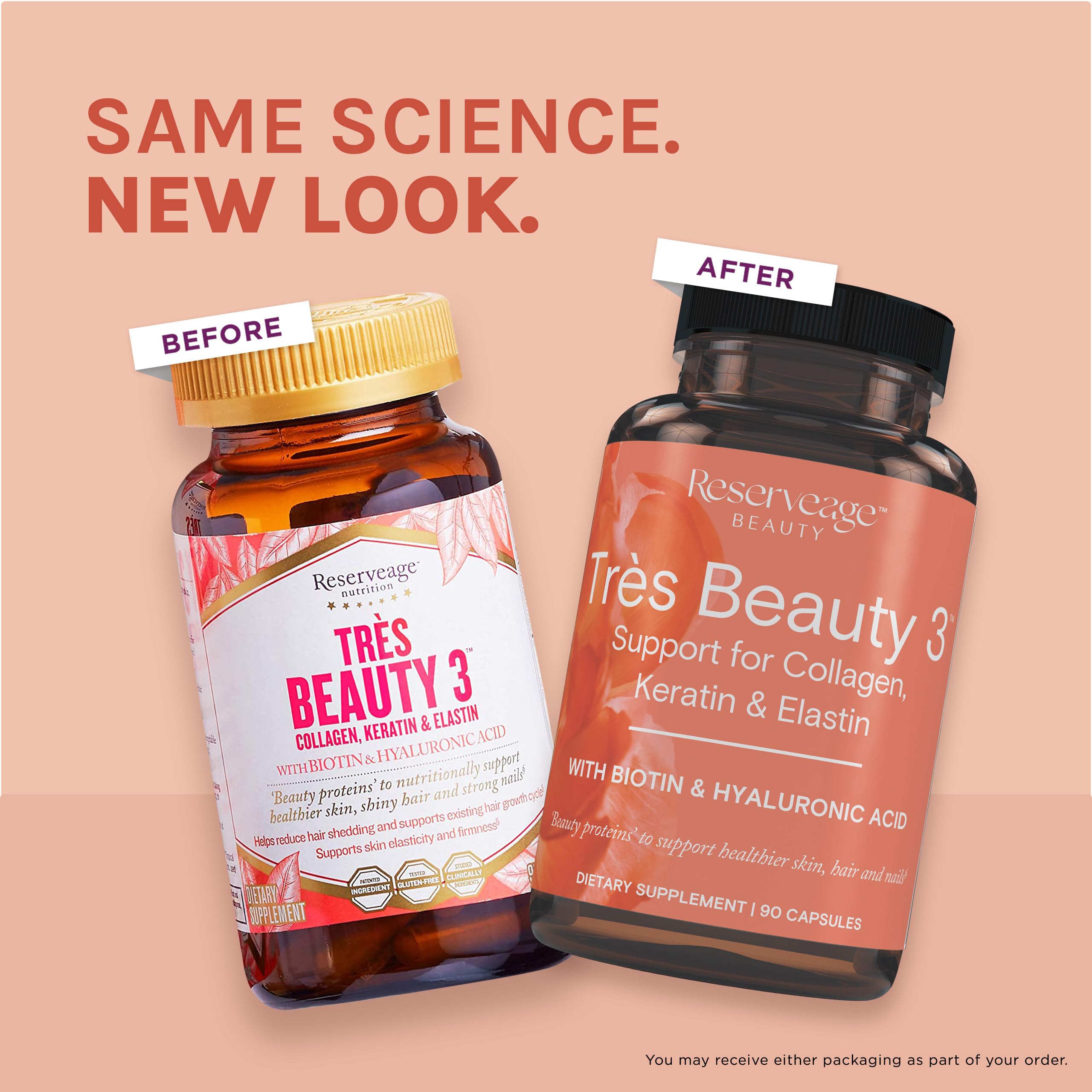 Bottle of Reserveage Beauty Tres Beauty 3 with a glass of water for easy daily intake.