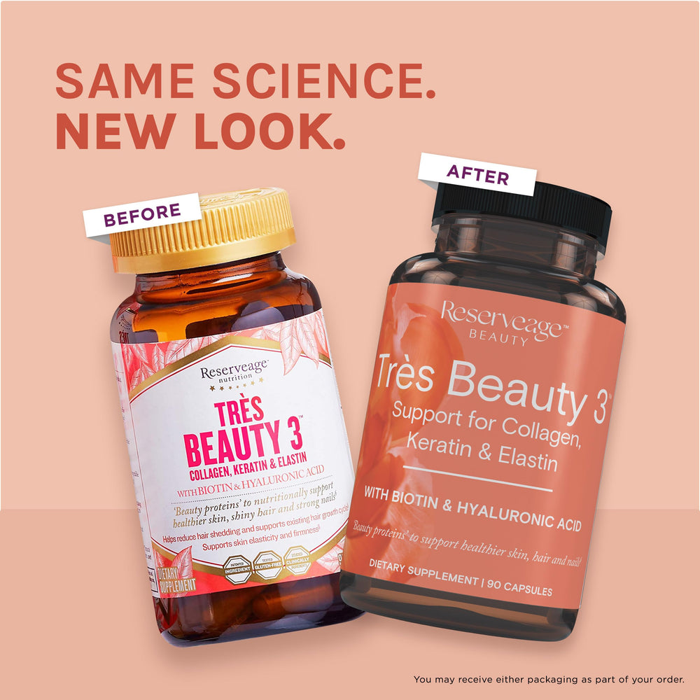 Bottle of Reserveage Beauty Tres Beauty 3 with a glass of water for easy daily intake.