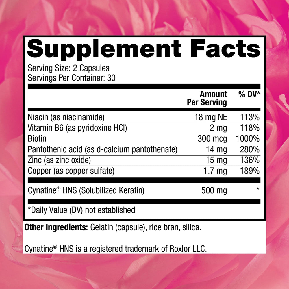 Reserveage Keratin Hair Booster capsules highlighting biotin and resveratrol for follicle support.