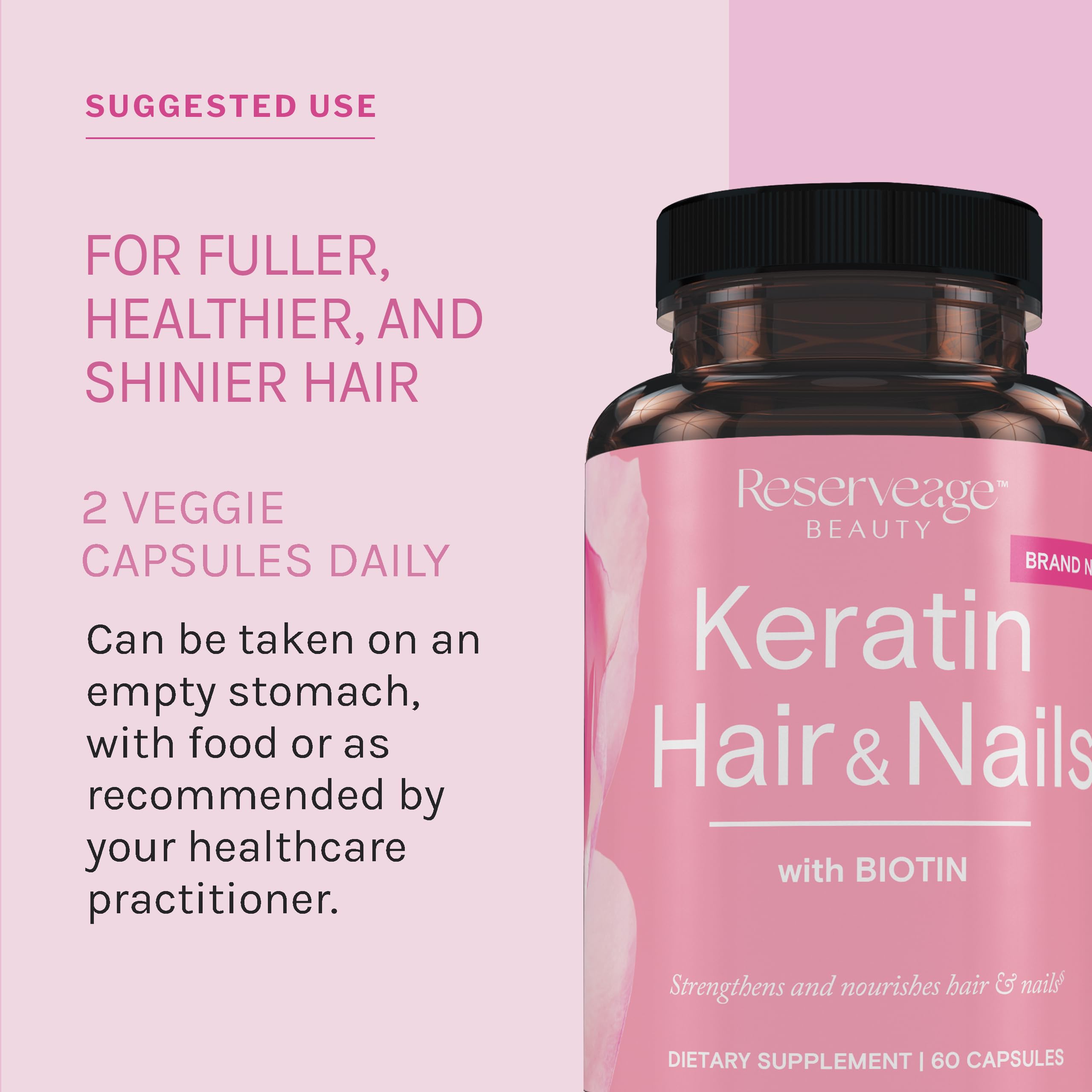 Product image showing hair and nails context with Reserveage Keratin Booster for healthy growth.