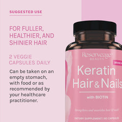 Product image showing hair and nails context with Reserveage Keratin Booster for healthy growth.