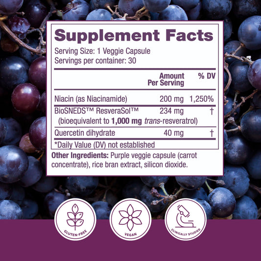 Reserveage NAD Resveratrol Plus+ bottle label highlighting trans-resveratrol and niacinamide.