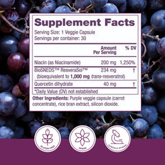 Reserveage NAD Resveratrol Plus+ bottle label highlighting trans-resveratrol and niacinamide.