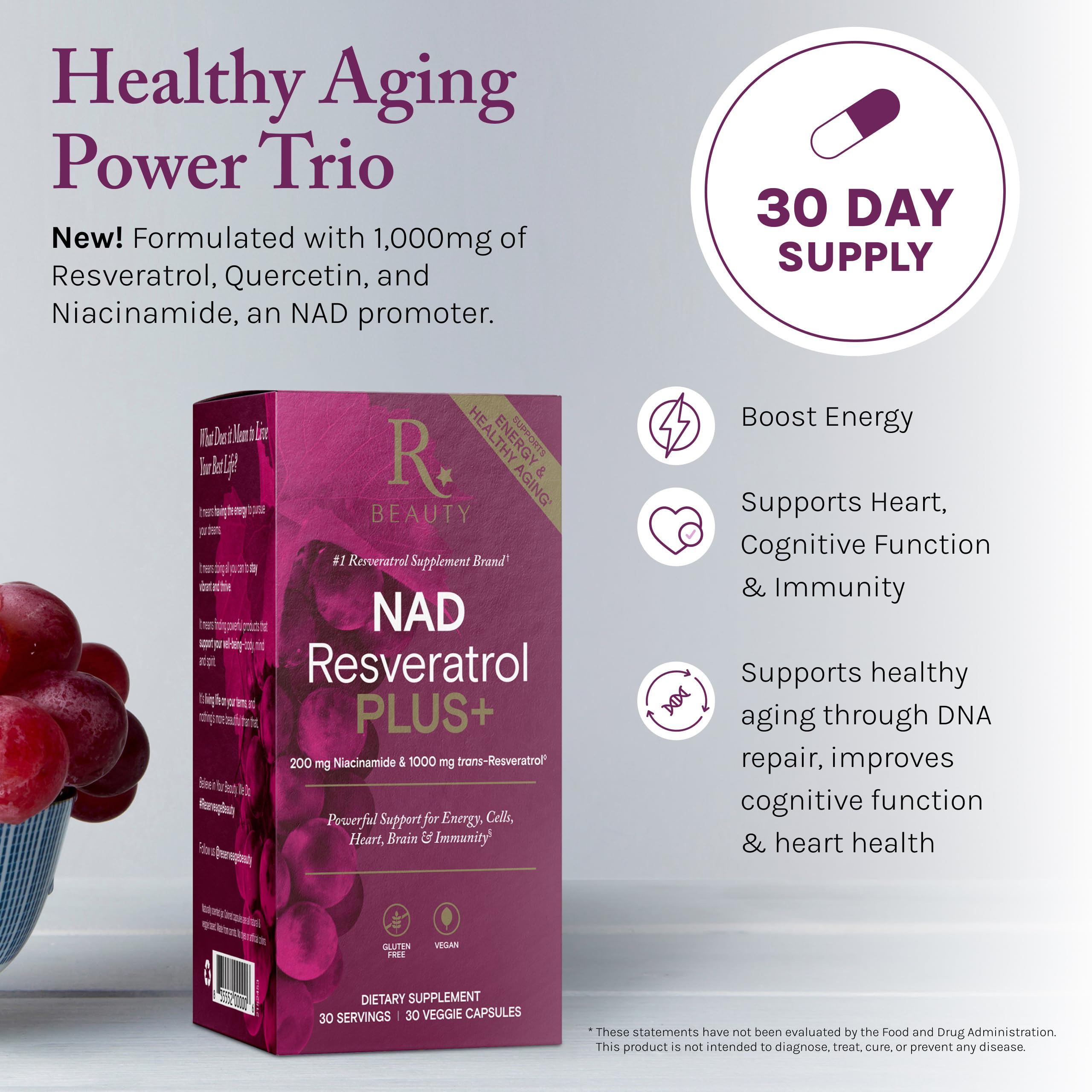 Reserveage NAD Resveratrol Plus+ capsules closeup for easy daily use.