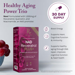 Reserveage NAD Resveratrol Plus+ capsules closeup for easy daily use.