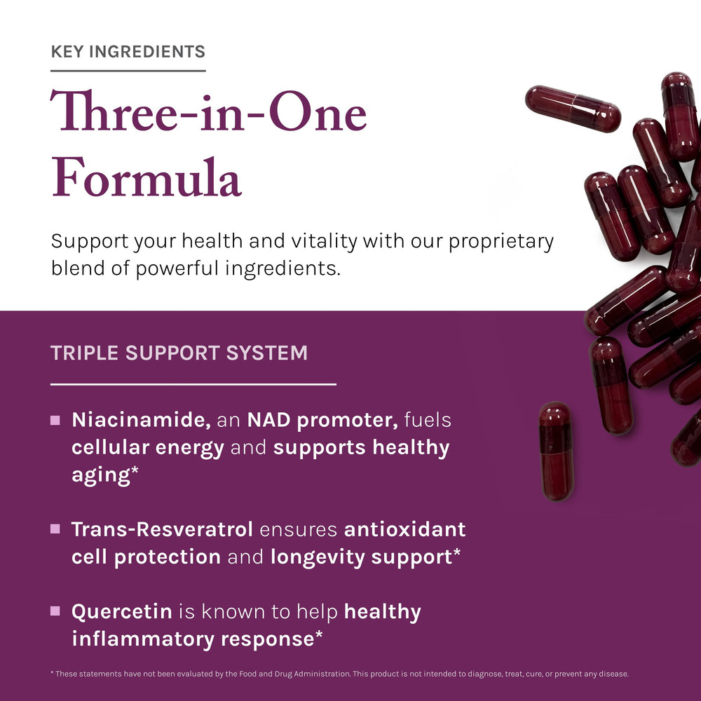 Reserveage NAD Resveratrol Plus+ bottle on counter with leafy greens.