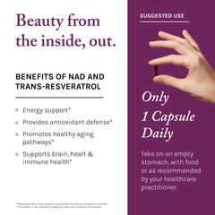 Reserveage NAD Resveratrol Plus+ capsules beside water showing convenient dosing.