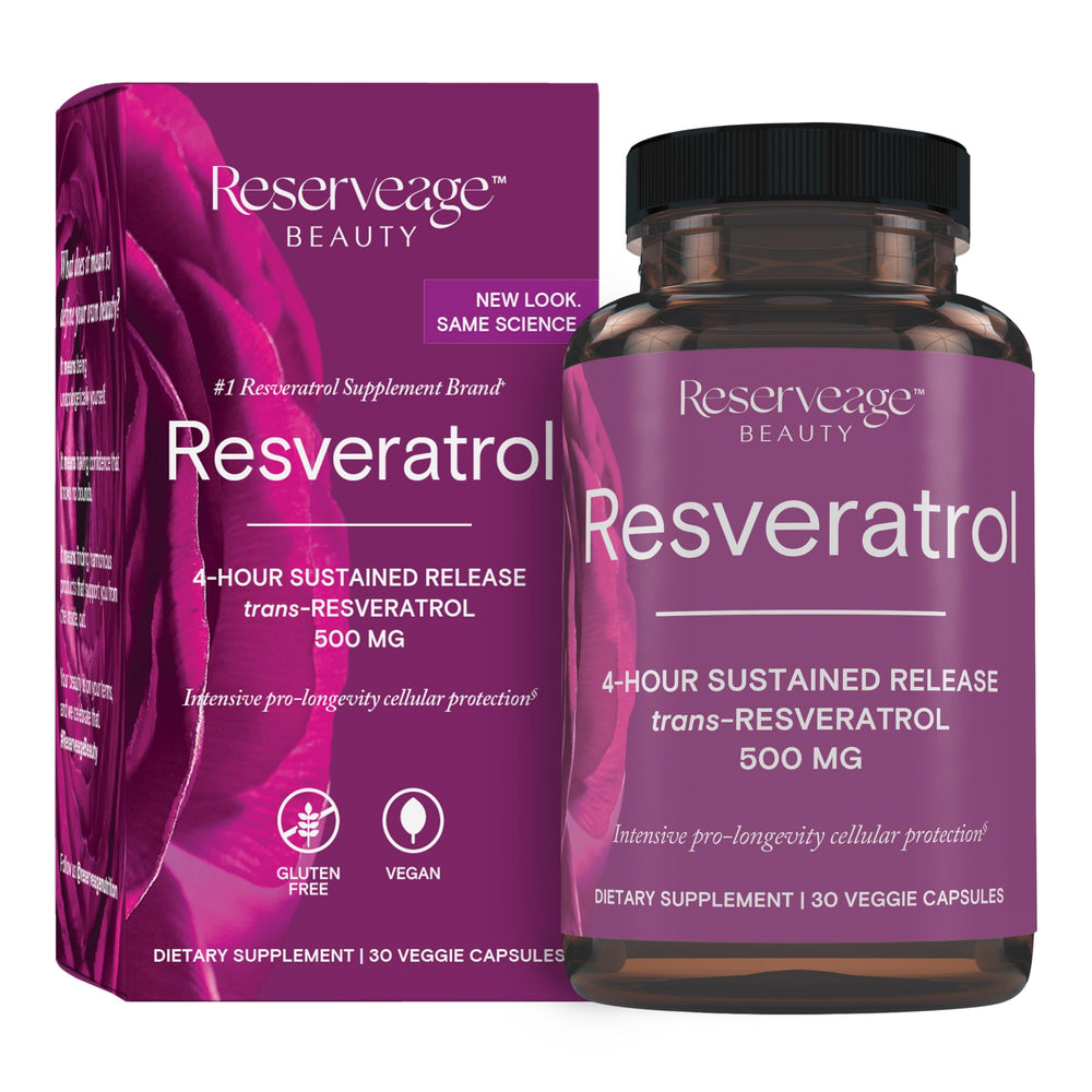 Reserveage Beauty Resveratrol bottle front showing antioxidant support potential for healthy aging