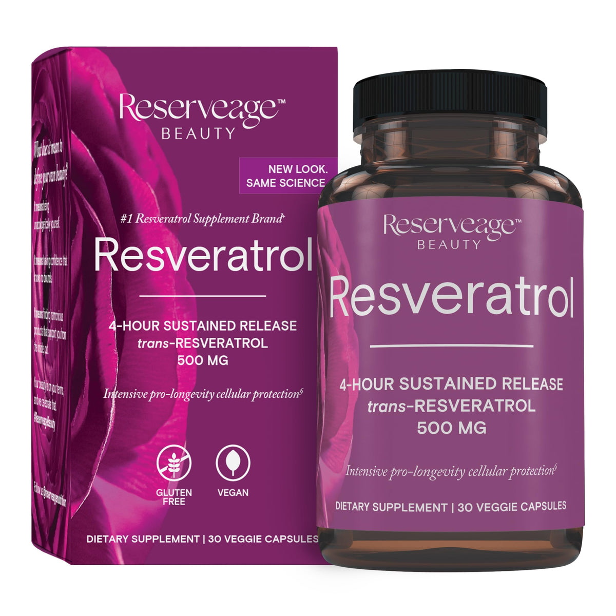 Reserveage Beauty Resveratrol bottle front showing antioxidant support potential for healthy aging