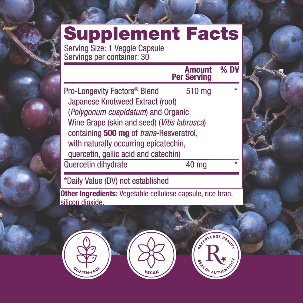 Reserveage Beauty Resveratrol capsules inside indicating daily veggie capsule format