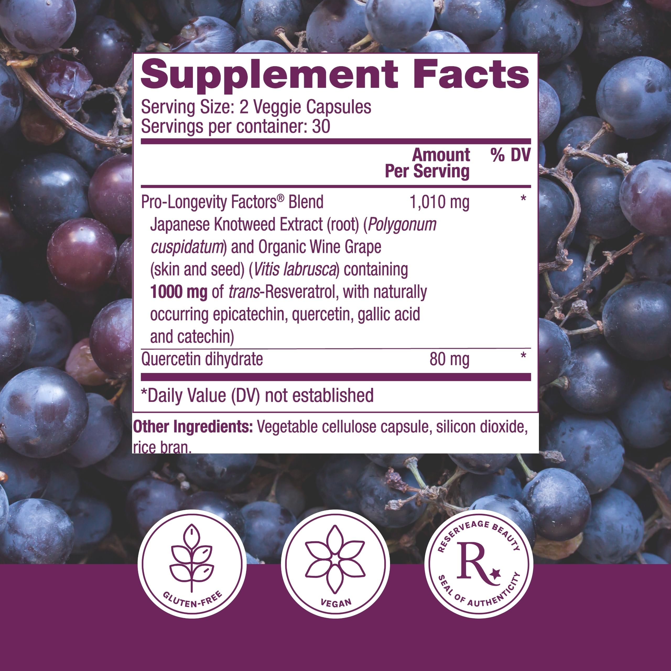 Reserveage Beauty Resveratrol 1000 mg bottle label showing key ingredients blend