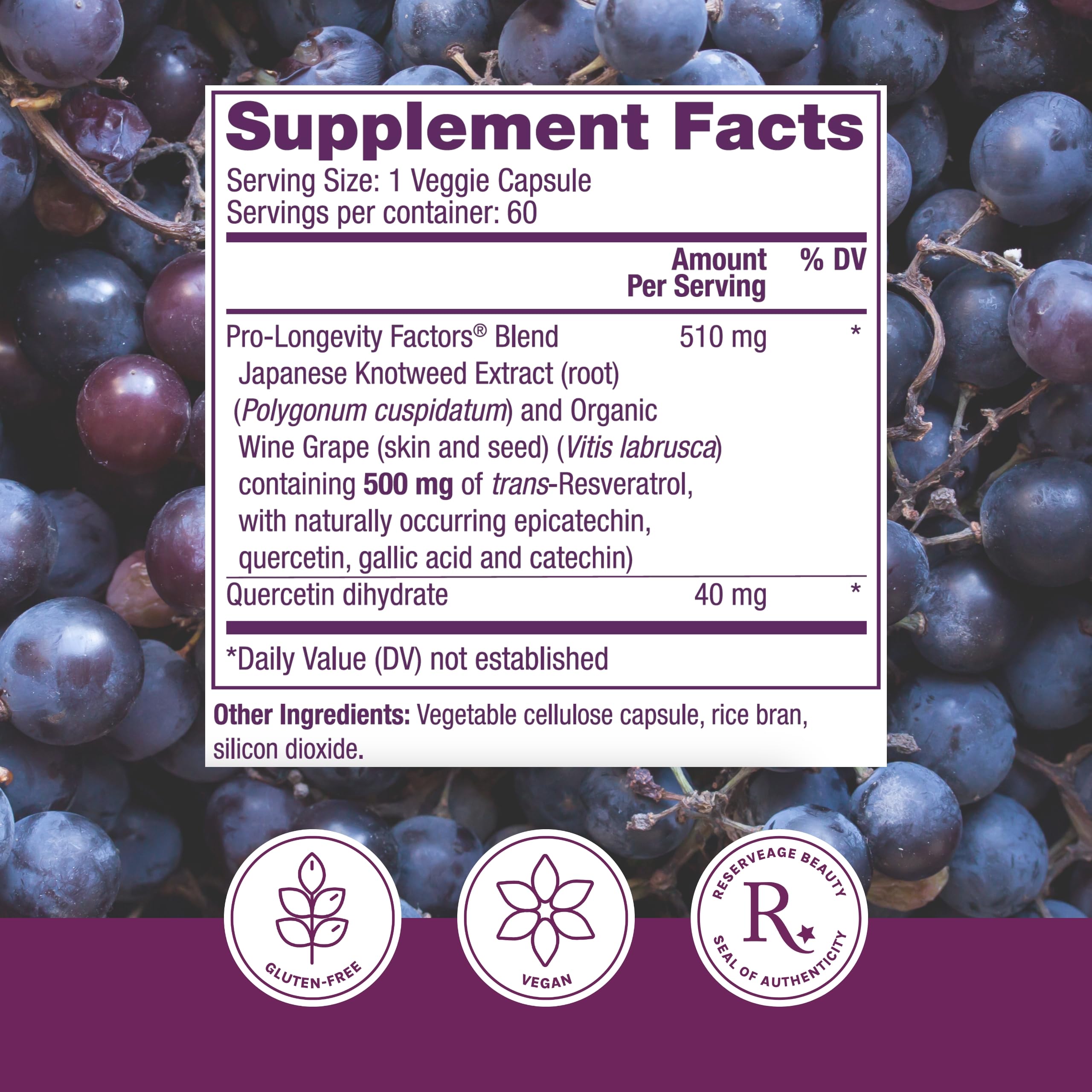 Reserveage Nutrition Resveratrol 500 mg bottle label close-up showing vegan, paleo-friendly blend.