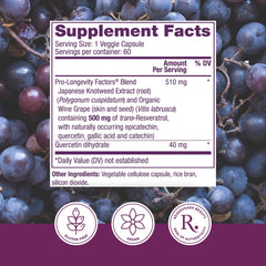 Reserveage Nutrition Resveratrol 500 mg bottle label close-up showing vegan, paleo-friendly blend.