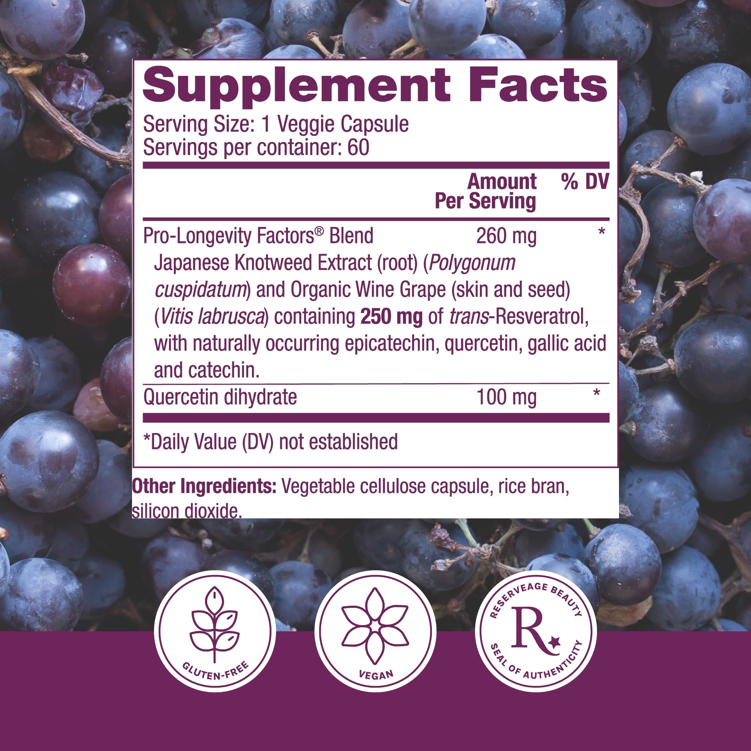 Reserveage Beauty Resveratrol capsules close-up showing vegan capsules for daily immune support