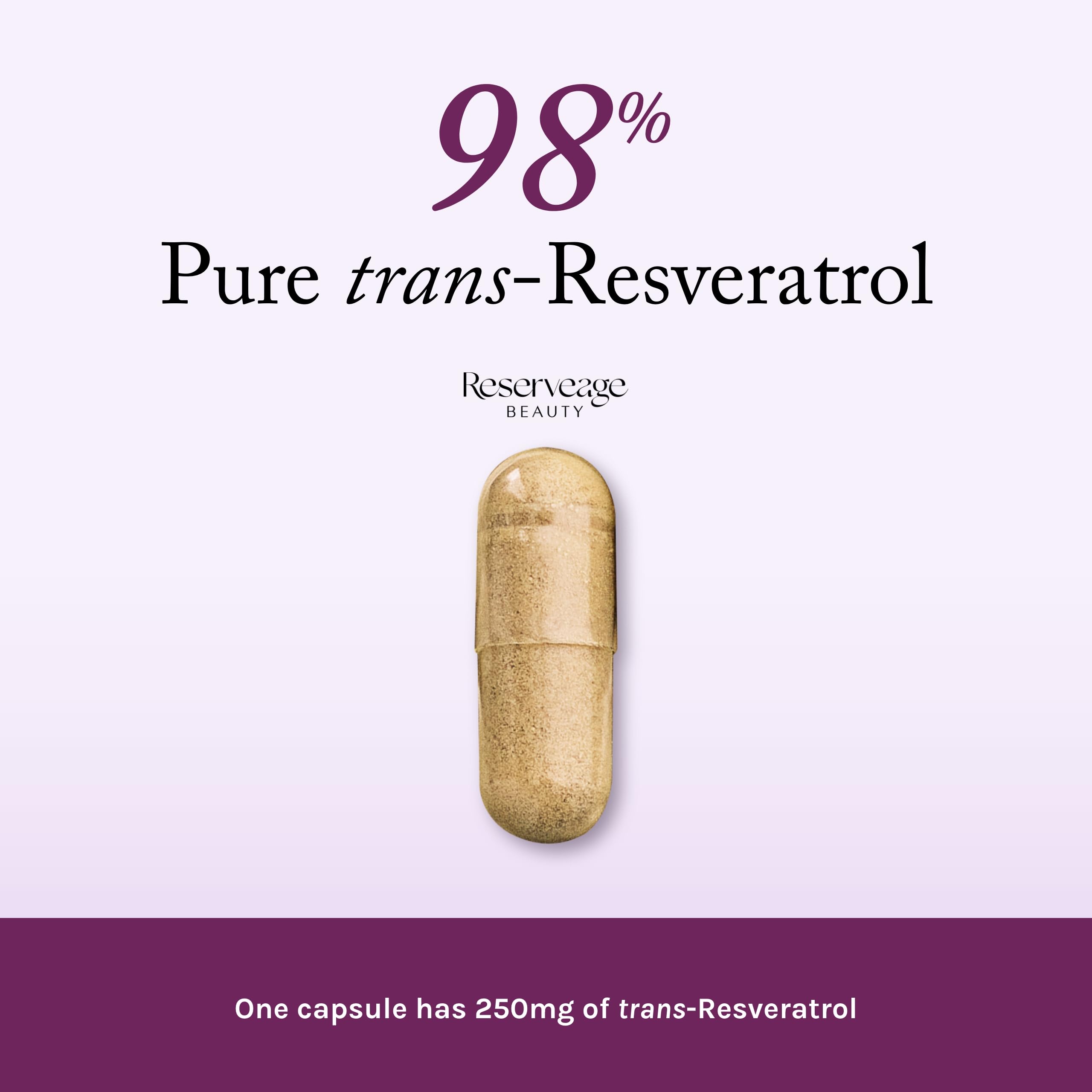 Reserveage Beauty Resveratrol label close-up displaying 250 mg dosage for heart and cellular health