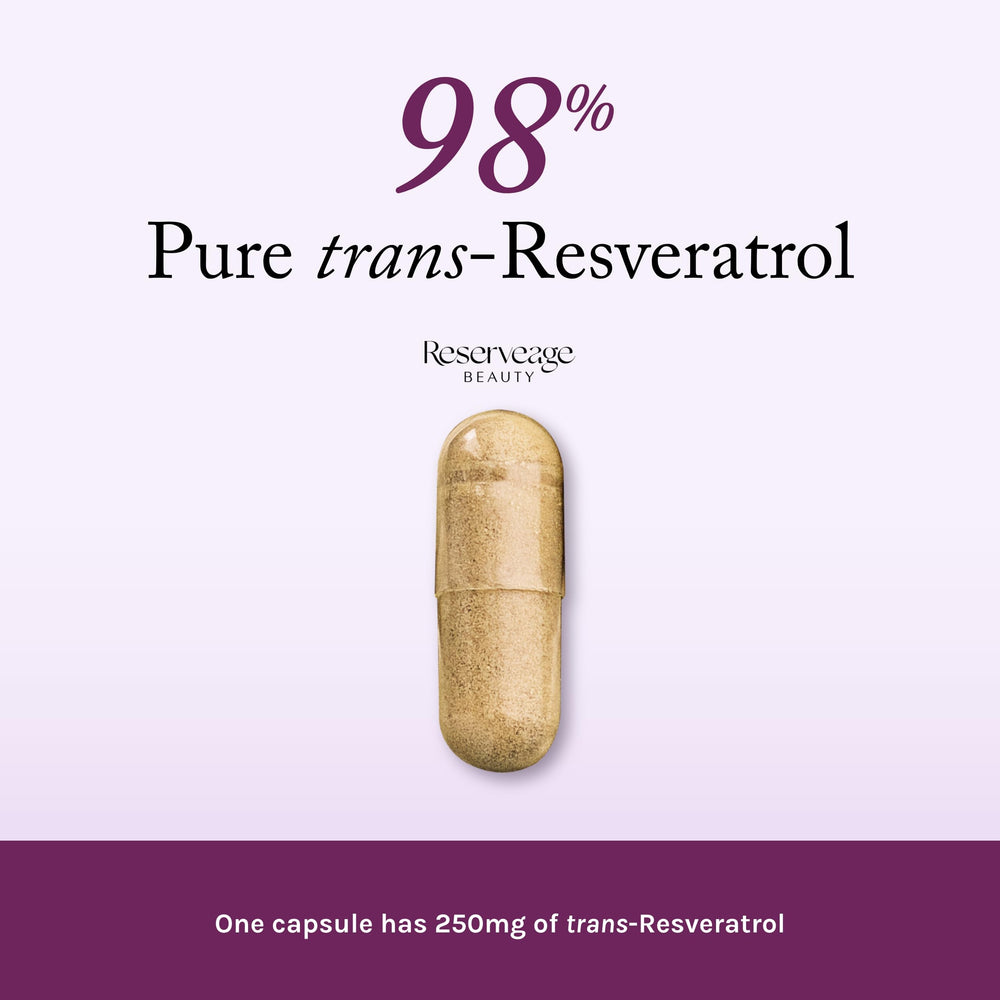 Reserveage Beauty Resveratrol label close-up displaying 250 mg dosage for heart and cellular health