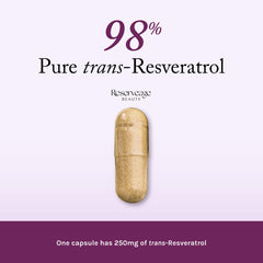 Reserveage Beauty Resveratrol label close-up displaying 250 mg dosage for heart and cellular health