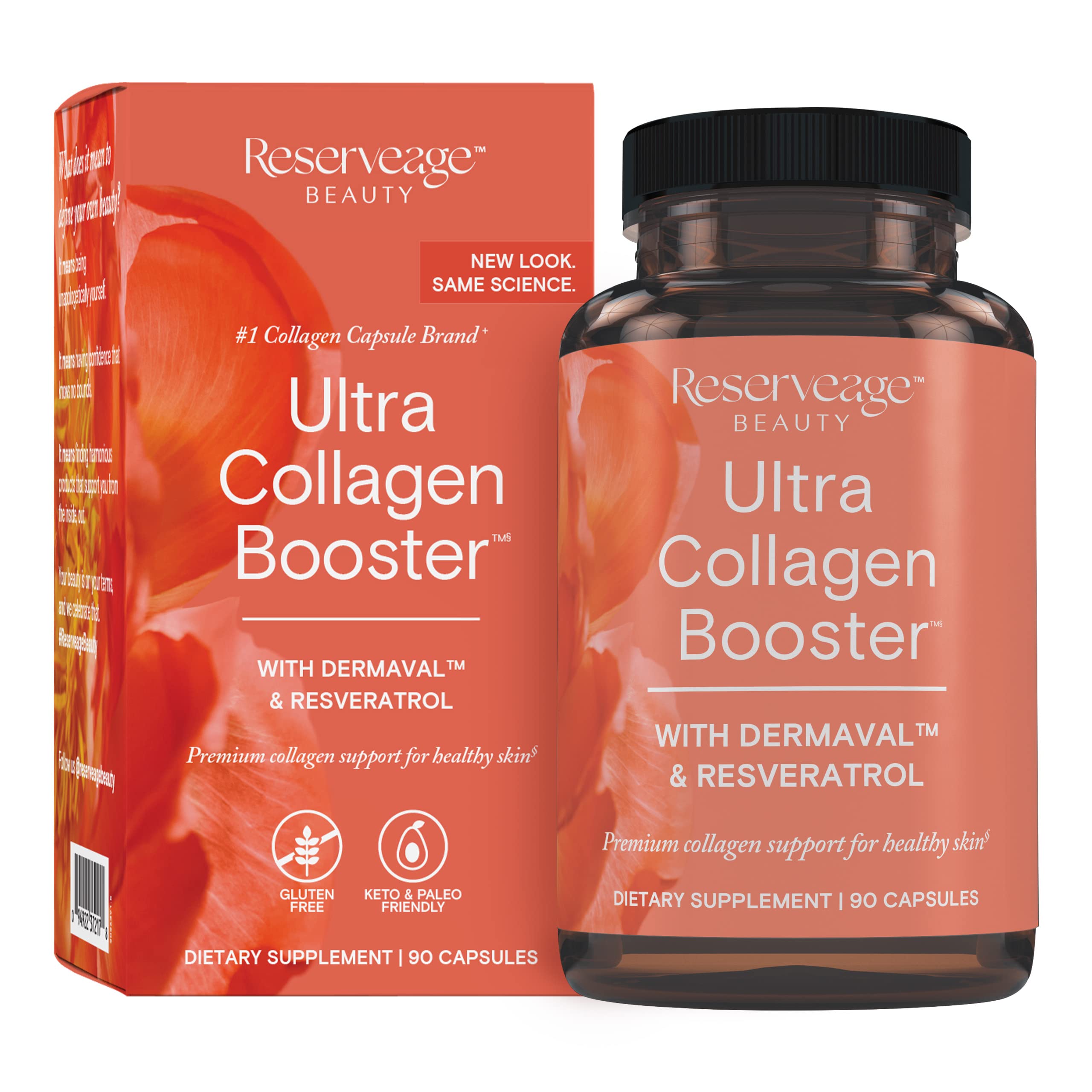 Reserveage Nutrition Ultra Collagen Booster bottle front showing premium skin support