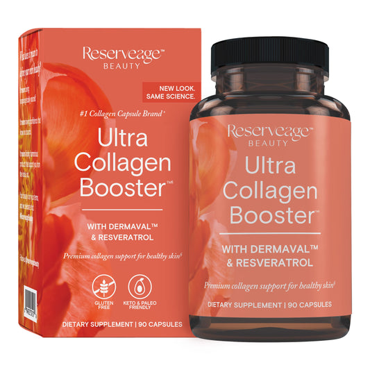 Reserveage Nutrition Ultra Collagen Booster bottle front showing premium skin support