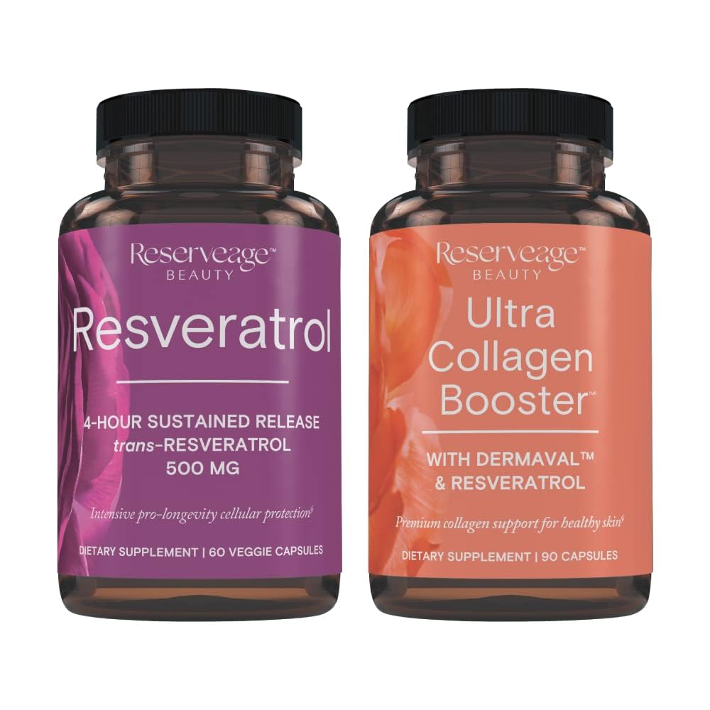 Reserveage Resveratrol bottle with capsules for daily cell support.