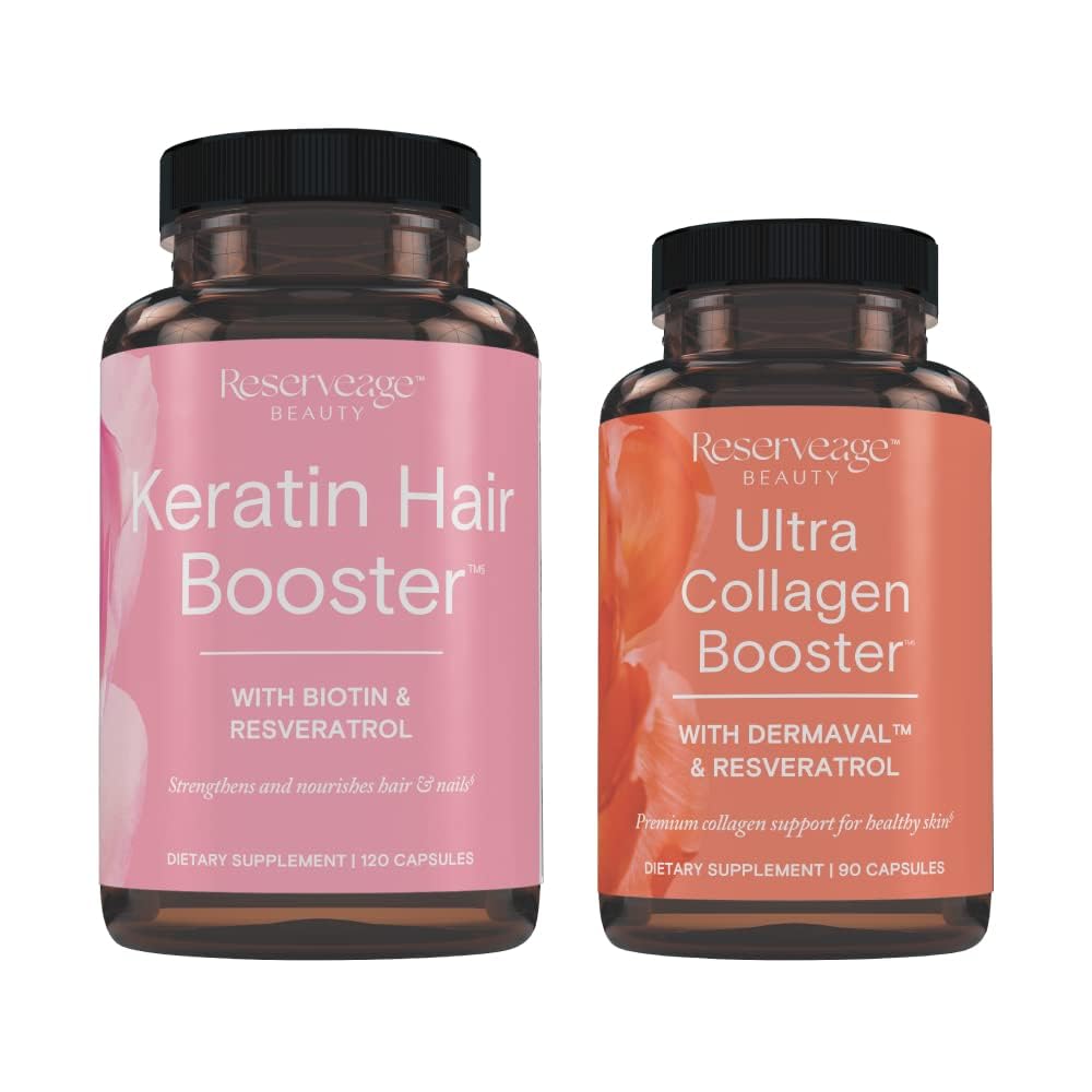 Reserveage Ultra Collagen Booster bottle closeup with Dermaval and resveratrol for smoother skin and elasticity.