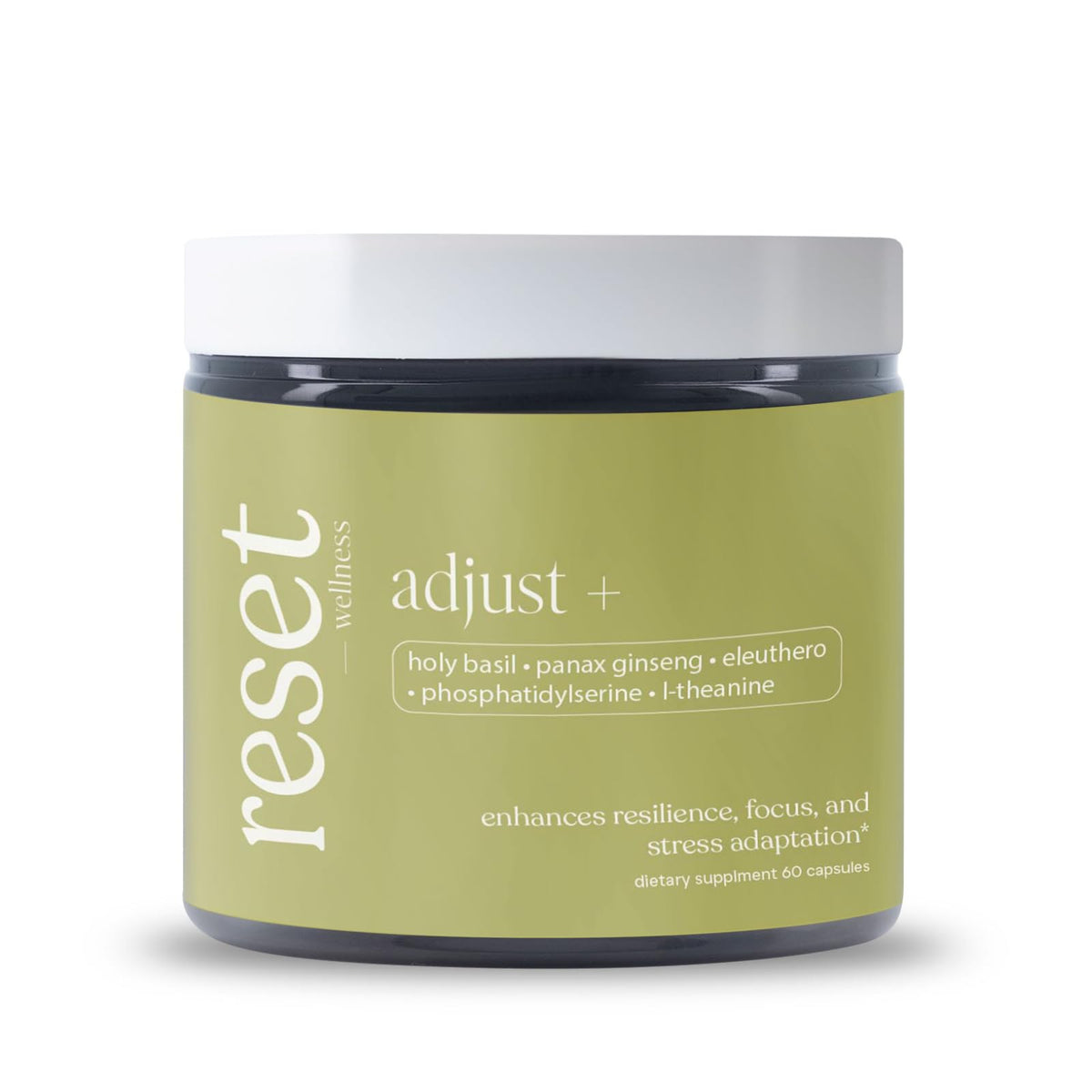 Reset Wellness Adjust+ bottle demonstrates premium adaptogen blend for stress support.